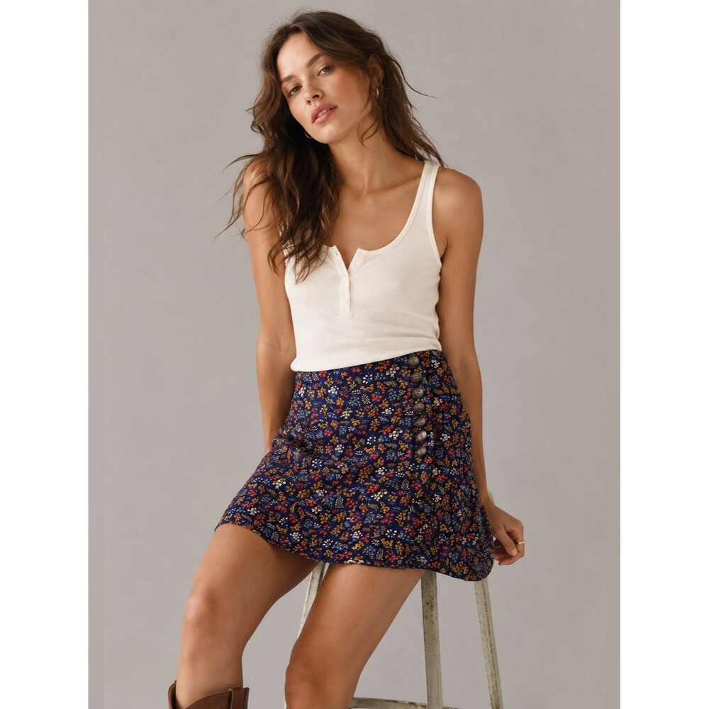 Madewell Floral Mini Skirt Size 0 Blue Button Front A-Line Lined Boho